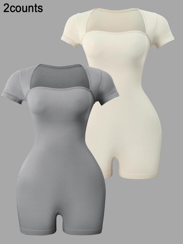 Women's Basic Square Neck Sports  Romper, Pickleball & Tennis Clothes, Lady Sporty Back To School Short Sleeve Ribbed Romper, Ladies   Minimalistic Clothes for Indoor Outdoor Wear, Womenswear 3