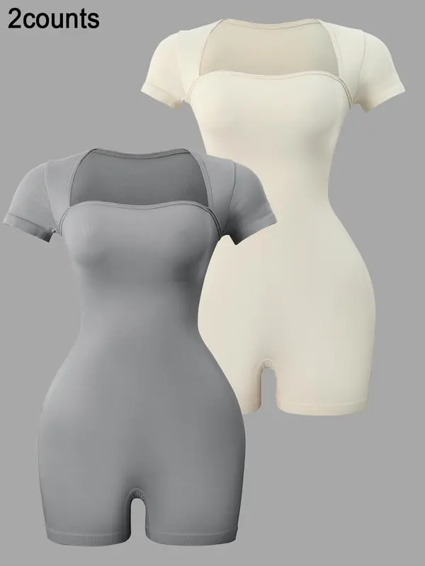 Women's Basic Square Neck Sports  Romper, Pickleball & Tennis Clothes, Lady Sporty Back To School Short Sleeve Ribbed Romper, Ladies   Minimalistic Clothes for Indoor Outdoor Wear, Womenswear 3