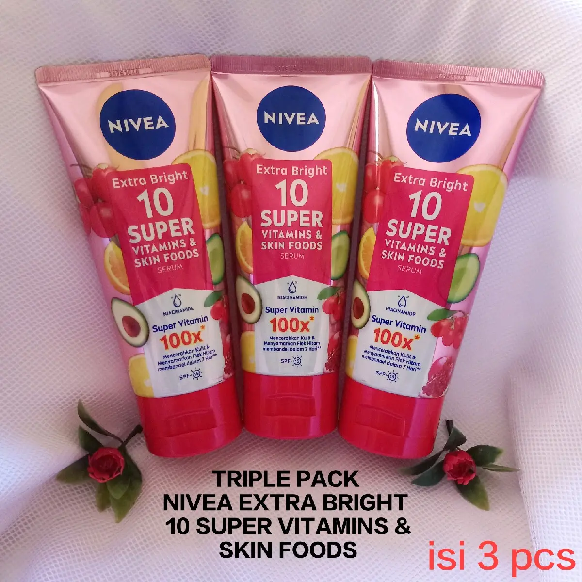[Isi 3 pcs] Paket Triple Nivea Extra Bright 10 Super Vitamins & Skin Foods Serum 180ml Bebas Silikon
