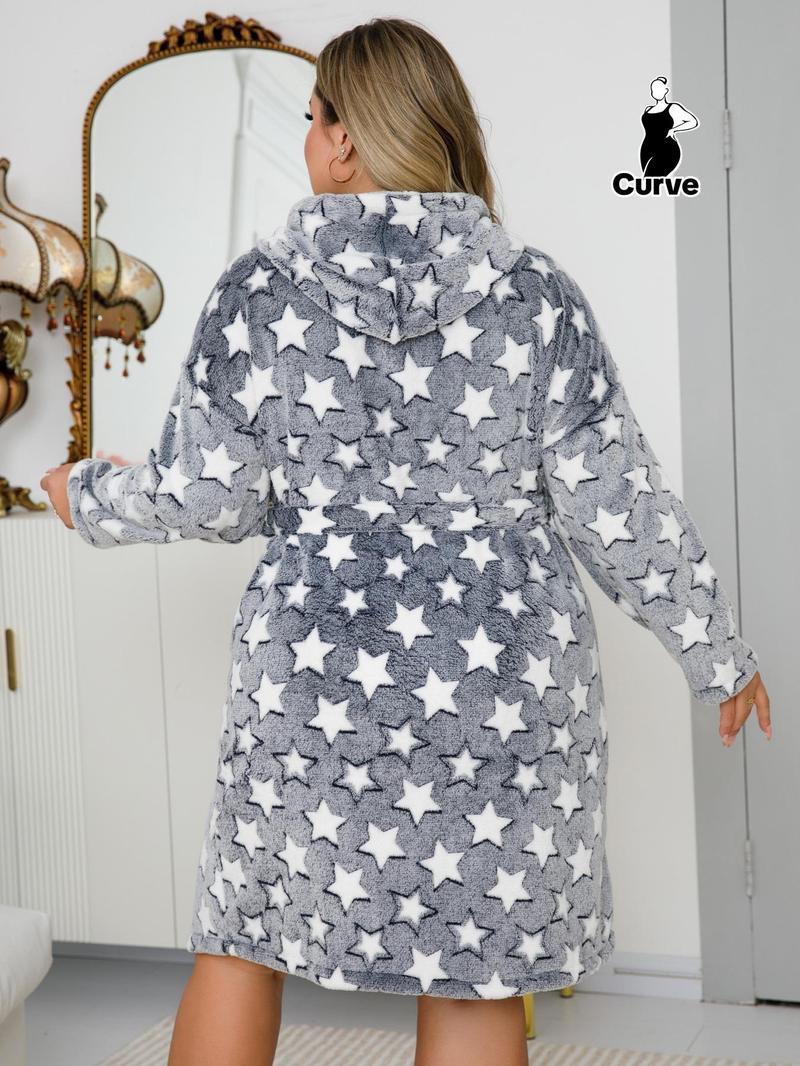 Product Introduction of 【Plus Size】 Star Print Belted Drop Shoulder Hooded Sleep Robe, Casual Long Sleeve Pocket Design Bathrobe, Women's Sleepwear for Fall & Winter 13