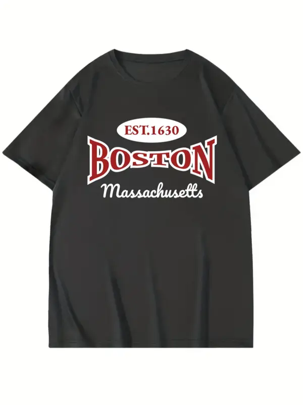 Men's" Boston Est. 1630 "Letter Print Round Neck Tee, Regular Fit Casual Short Sleeve T-Shirt for Summer, Men's Top for Daily Wear 3