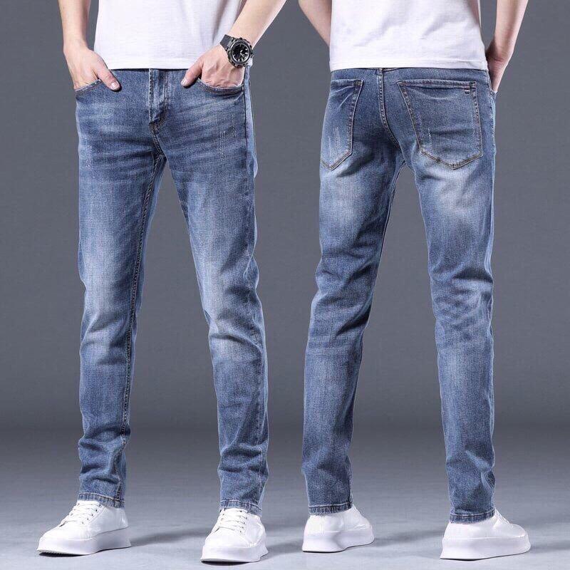 Quần Jean Dài Nam Màu Xanh bạc gối có xước nhẹ Ôm Gọn Chất Vải Co Giãn Menswear
