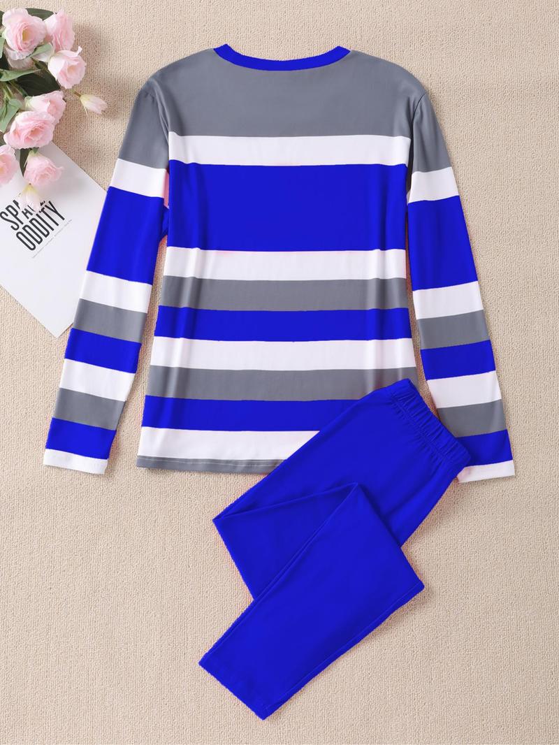 Product Introduction of Women's Striped Print Sweatshirt & Skinny Pants Two-piece Set, Casual Long Sleeve Round Neck Pullover & Leggings, Women's Fall & Winter Clothes for Daily Wear 2