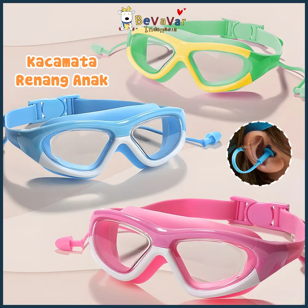 Bevavar Kacamata Renang Anak 3-12 Tahun Kids Googles Snorkling Anti Fog Kids Swimming Glasses Dan Pelindung Telinga