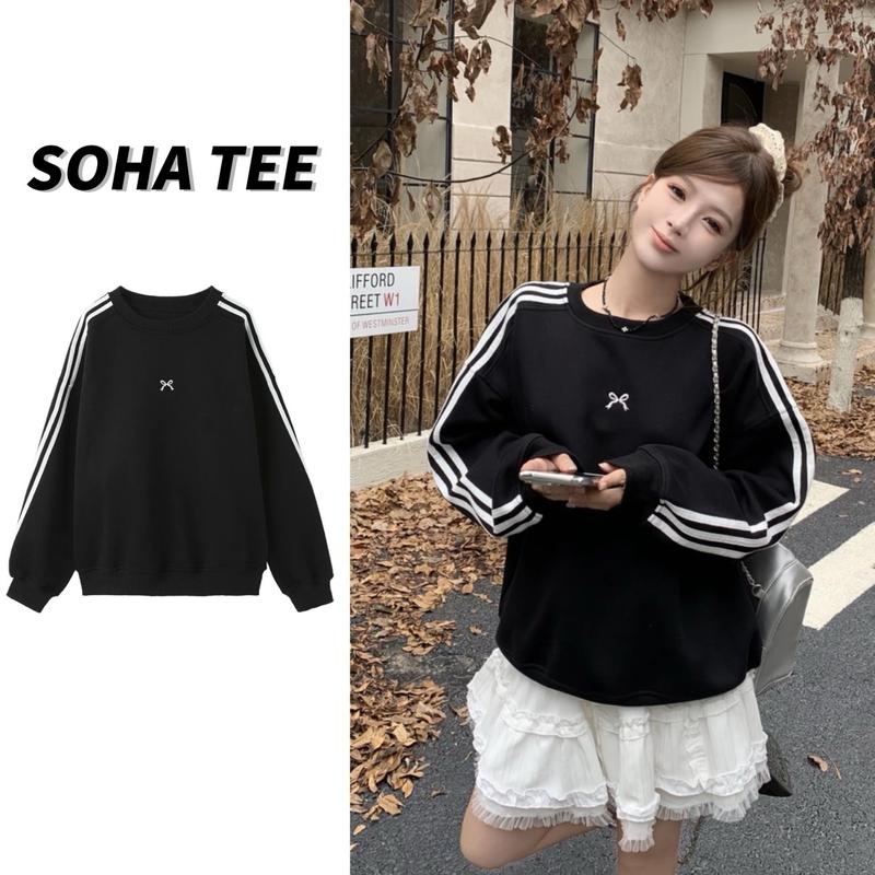 ÁO SWEATER NỮ KẺ SỌC TAY THÊU NƠ OVERSIZE, ÁO NỈ DÀI TAY KẺ SỌC THÊU NƠ áo hoodie nữ không mũ