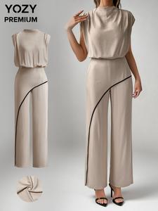 YOZY Women's Striped Print Zipper Mock Neck Jumpsuit, Casual Comfy High Waist Jumpsuit for Daily Wear, Ladies Clothes for All Seasons