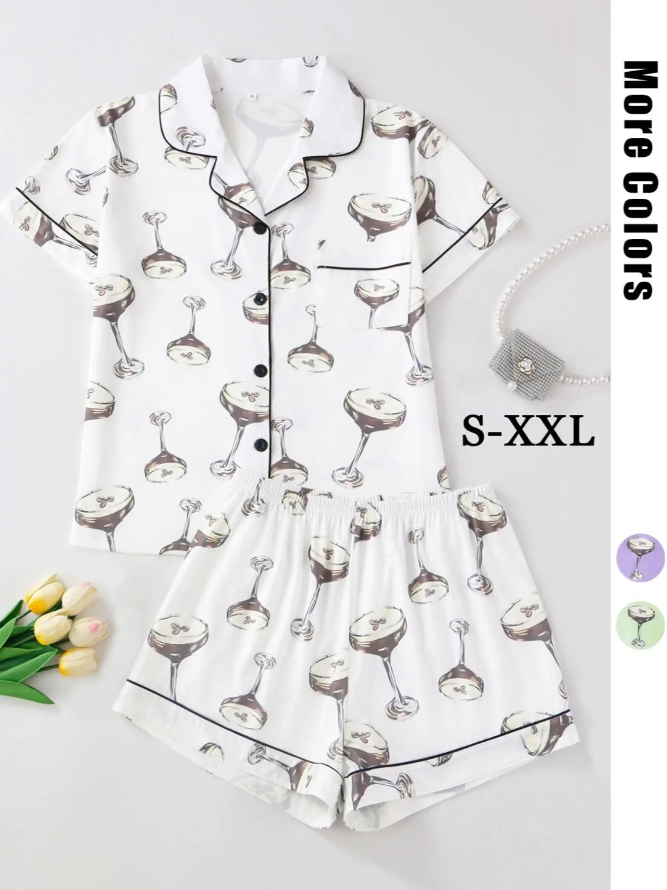 Women's All Over Wine Glass Print Short Sleeve Pajama Two-Piece Set, Regular Fit Casual Comfy Button Front Chest Pocket Design Lapel Neck Top & Elastic Waist Shorts PJ Set, Ladies Sleepwear for All Seasons
