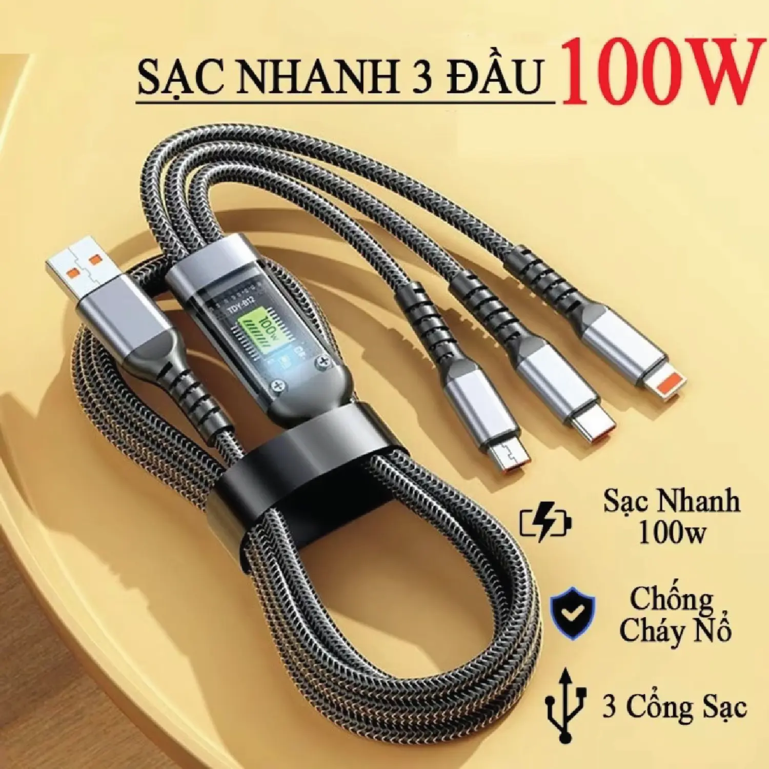 Cáp Sạc Nhanh 3 Đầu 100W - Dài 1.2m. Dây Sạc 3 Trong 1 Chống Đứt, Chống Rối. Cáp sạc 3 in 1, Dây sạc 4 in 1, Cáp sạc điện thoại