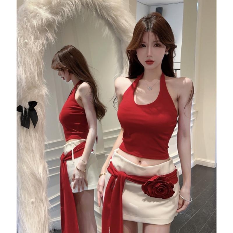 Set Áo Cổ yếm Chân Váy Ôm Kèm Đai Hoa Quyến Rũ - Catchystore, Set Đi Tiệc, Đi Party Cho Nữ, Set Áo Yếm Chũ V Cột Dây Phối Chân Váy Ngắn Kèm Thắt Lưng Hoa(có ảnh thật) Women Thun y2k setváy Top Voi Kem Nhung