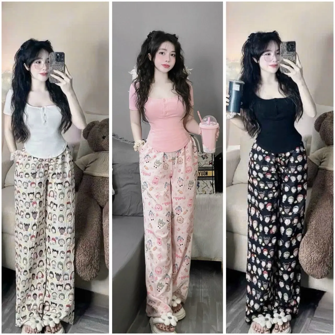 SÉT  SUÔNG ÁO PHỐI NÚT THUN CO GIÃN KÈM QUẦN LỤA MỀM BIGSIZE CÓ TÚI Nữ Women