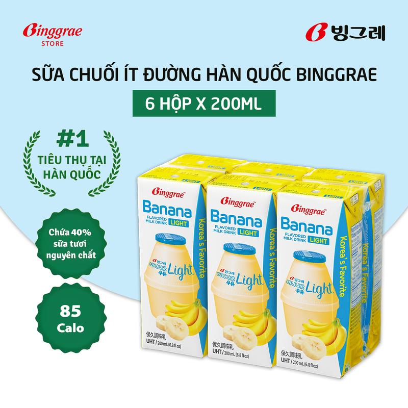 Lốc Sữa Chuối Ít Đường Hàn Quốc Binggrae Banana Low Sugar Milk (200ml x 6 hộp)
