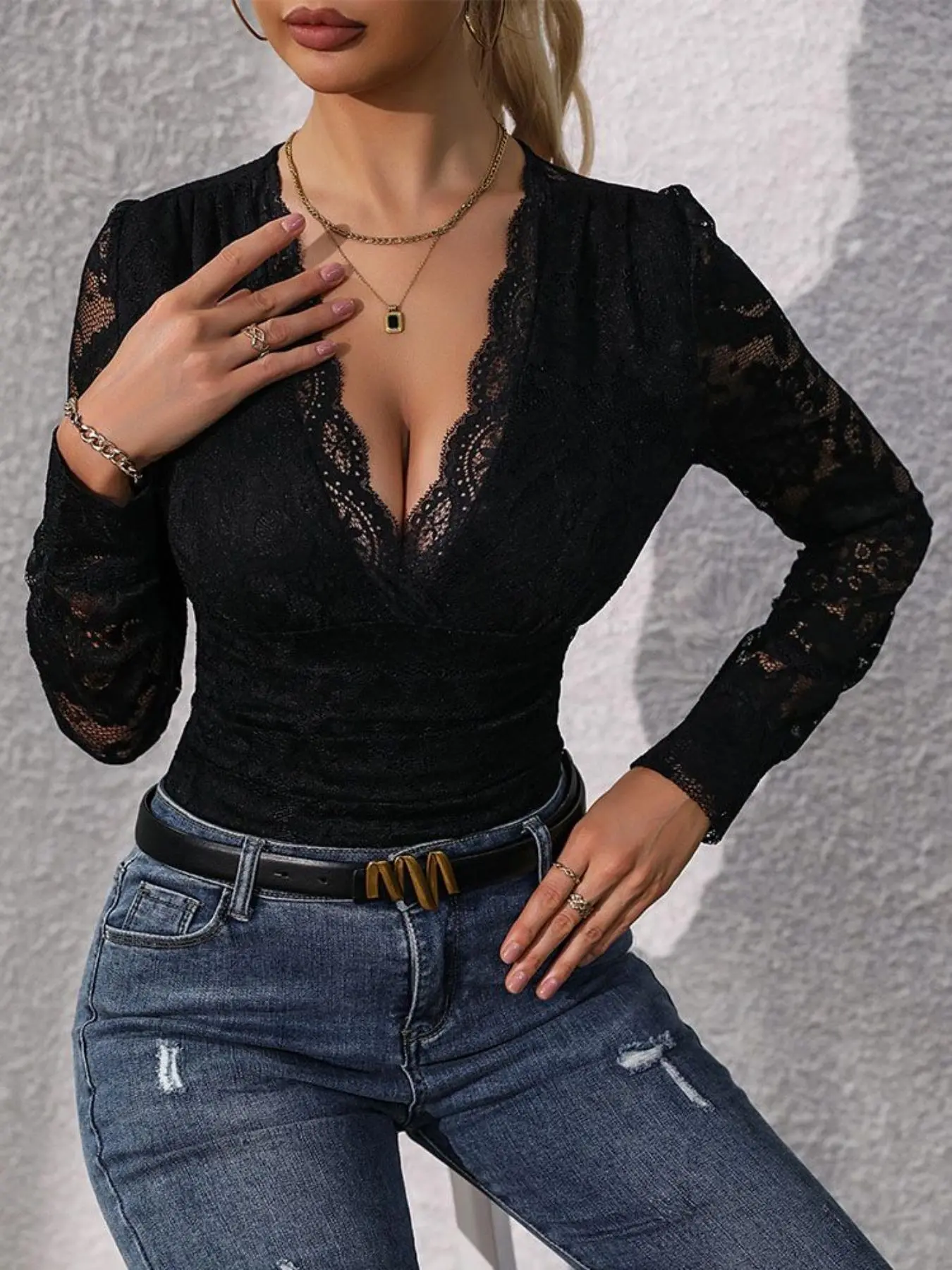 Women's Plain Lace Bodysuit, Casual Long Sleeve   Bodysuit for Spring & Fall, Ladies Clothes for Daily Wear