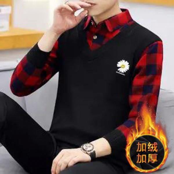 Not Fleece-lined/Fleece-lined Autumn and Winter Men's Youth Top Sweater Warm Thickened Sweater Fake Two Pieces Shirts Men 4