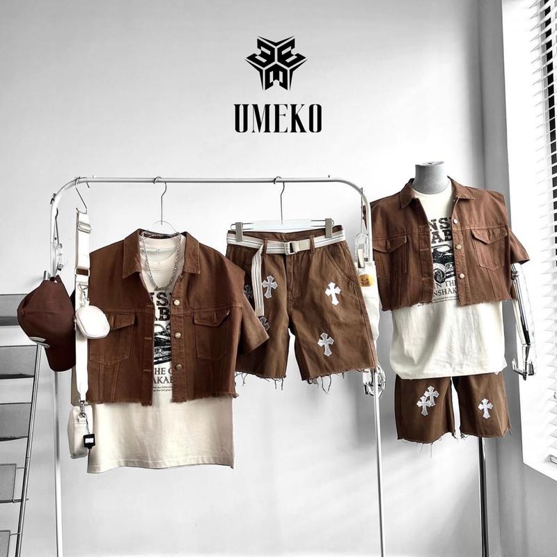 UMEKO Set Áo Khoác Gile Jean Crop Màu Nâu Và Quần Short Jean Thêu Hình Taga Thời Trang Streetwear Cá Tính Năng Động
