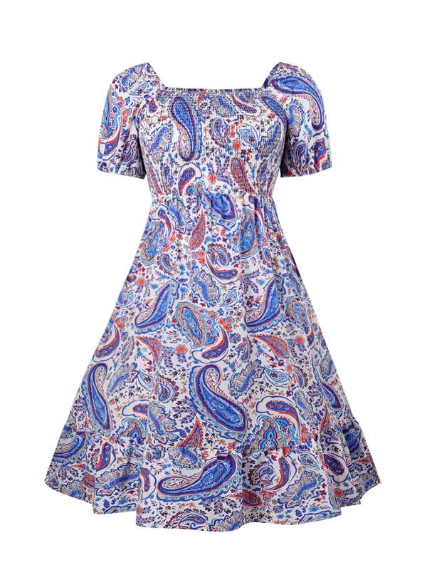【Plus Size】Frenchy Style Ditsy Floral Print Puff Sleeve A Line Maxi Dress, Square Neck Shirred Dress, Dresses for Women, Dresses for Women, Women's Clothes for Summer, Summer Dresses, Womenswear 8