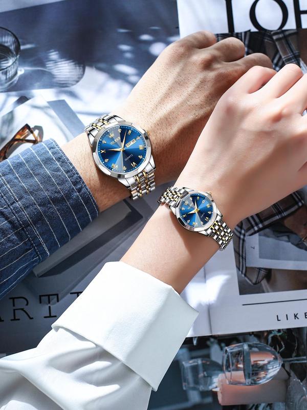 Round Dial Stainless Steel Strap Quartz Watch (2pcs), Couples Gifts, 2024 New Rhinestone Decor Waterproof Watch for Men & Women, Fashion Watch for Daily Life, Trendy All-match & Exquisite Watch for Birthday Gift, Unique Gifts for Women 1