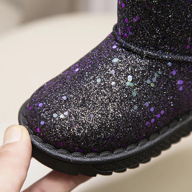 Product Introduction of Winter Girl's Snow Boots Glimmer Three Colors Thick Fur Kids Short Boot Warm Beautiful Stylish Slip-on Children Shoes 25-36 5
