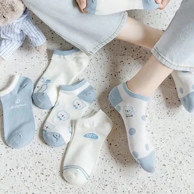 BISA COD K5703 Kaos Kaki Pendek Gaya Korea / Kaos Kaki Wanita Motif Beruang Biru Muda / Kaos Kaki Semata Kaki Beruang Biru Panjang Ankle Garis 8