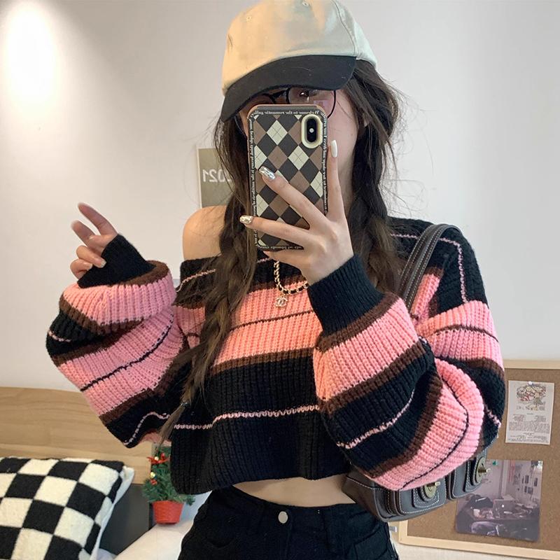 Product Introduction of Áo Liền Quần Sọc, Dành Cho Nữ, Phong Cách Cổ Điển, Trang Phục Mùa Thu, Dài Tay, Áo Len Cropped Thường Ngày Voi Women Top Màu Hồng 22