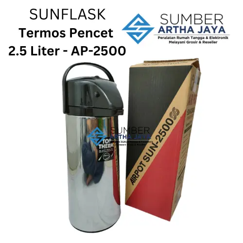 SUNFLASK Termos Pencet Vacuum Flask 2.5 L / 2500 ml Stainless Steel AP-2500 SS Kaca Tabung