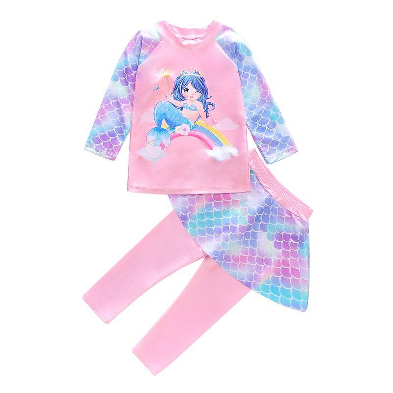 Children's Swimwear Girls New 2024 Cartoon Split Long-Sleeved Long Trousers Polyester Swimsuit Set 4