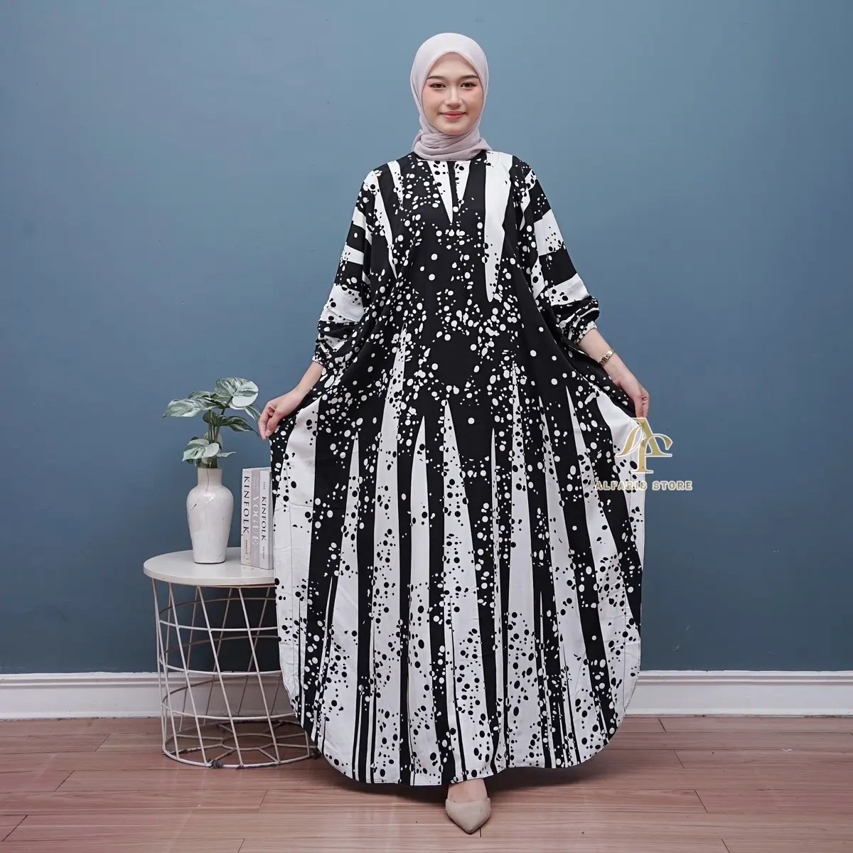 Kaftan Rayon Jumbo Motif Aruna Ginola Roma Belia Naomi Ld 180 cm Muslim Panjang Wanita Nyaman Gamis
