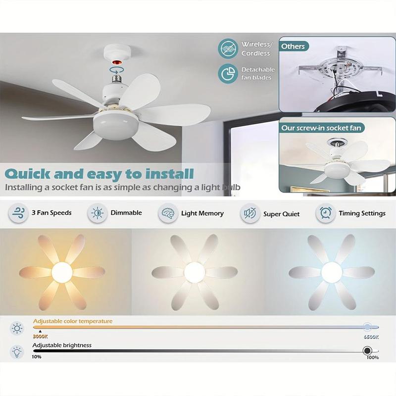 40W Small Screw-in Fan Light with Light & Remote, Stepless Dimming Wind Speed Adjustment Fan with Light Compatible with E26/E27 Socket Suitable for Bedrooms, Living Rooms, Study Rooms, Kitchens, Toilets, Room Decor 2