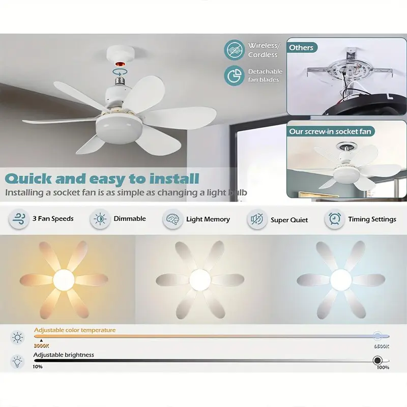 40W Small Screw-in Fan Light with Light & Remote, Stepless Dimming Wind Speed Adjustment Fan with Light Compatible with E26/E27 Socket Suitable for Bedrooms, Living Rooms, Study Rooms, Kitchens, Toilets, Room Decor 2