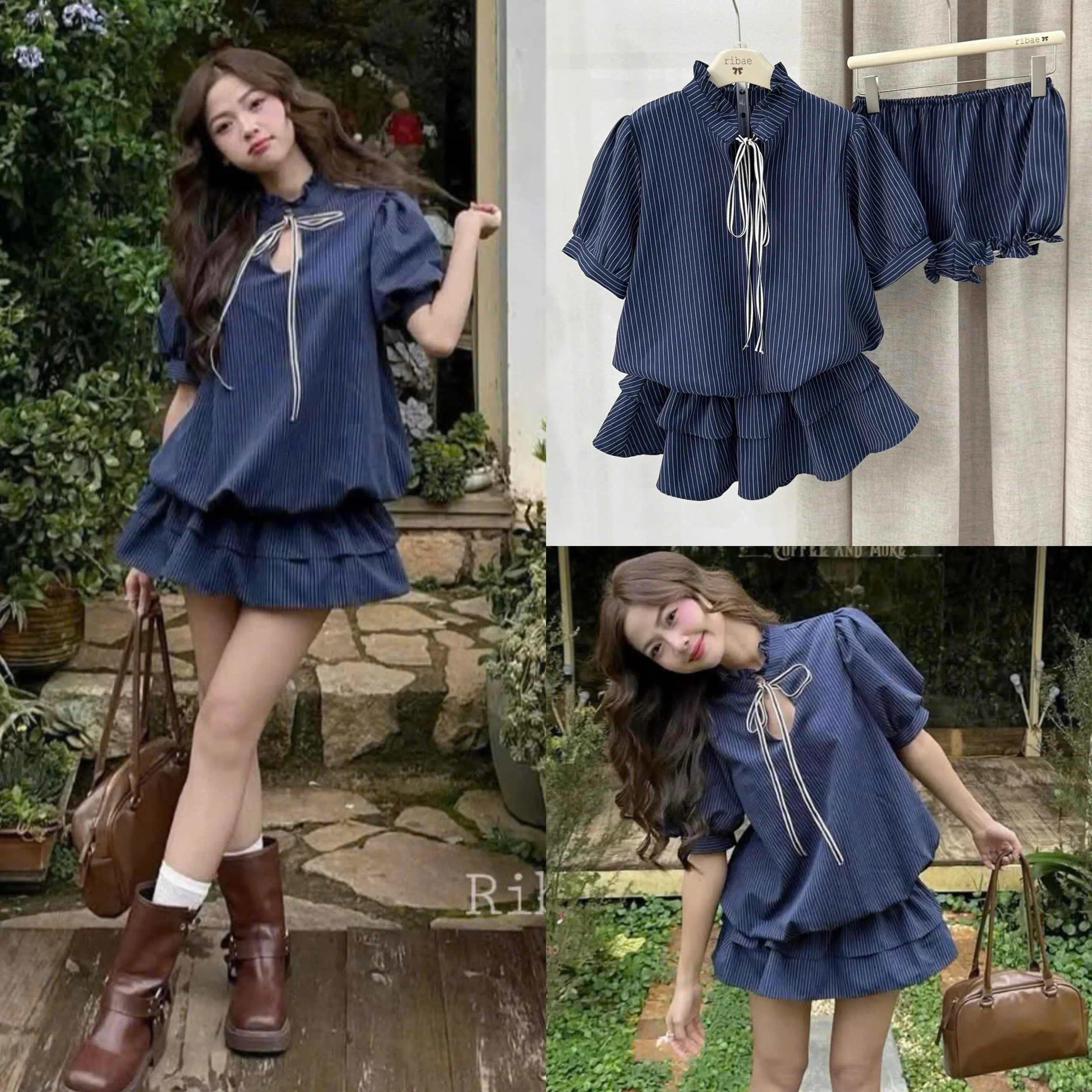 Sét kẻ xanh xòe bồng tầng xinh xắn - Thuongnguyen store