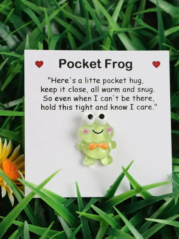 Cute Frog Design Pocket Hug Charm, with Inspirational Card, Greeting Card, Gifts for Wife, Pastel Color Pocket Frog with Card, Warm Gift, Emotional Support, Cute Green Frog Collectible, Positive Message Card 4