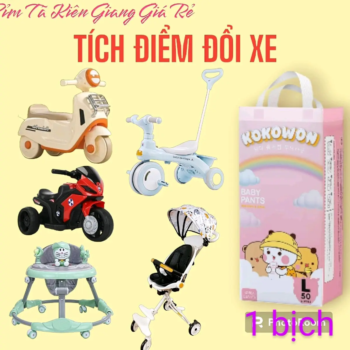 (TÍCH ĐIỂM ĐỔI XE) 1 bịch tã bỉm KOKOWON Công Nghệ Hàn Quốc, size M - 4XL cho bé Voi