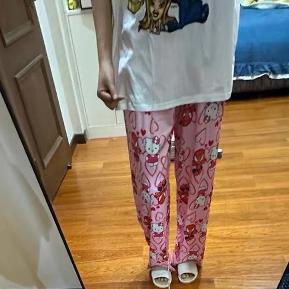 Kawaiii Spider-man Cat Pajama Pants Love Heart Nightwears Cartoon Anime Trousers High Waist Elastic Fabric Women's Sleepwear Daily