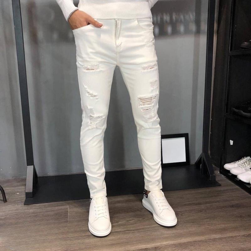  Quần jeans nam trắng rách bụi bặm sang trọng chất bò co giãn ống đứng form ôm cao cấp-AHMENS Menswear Pants Ong Có Túi 