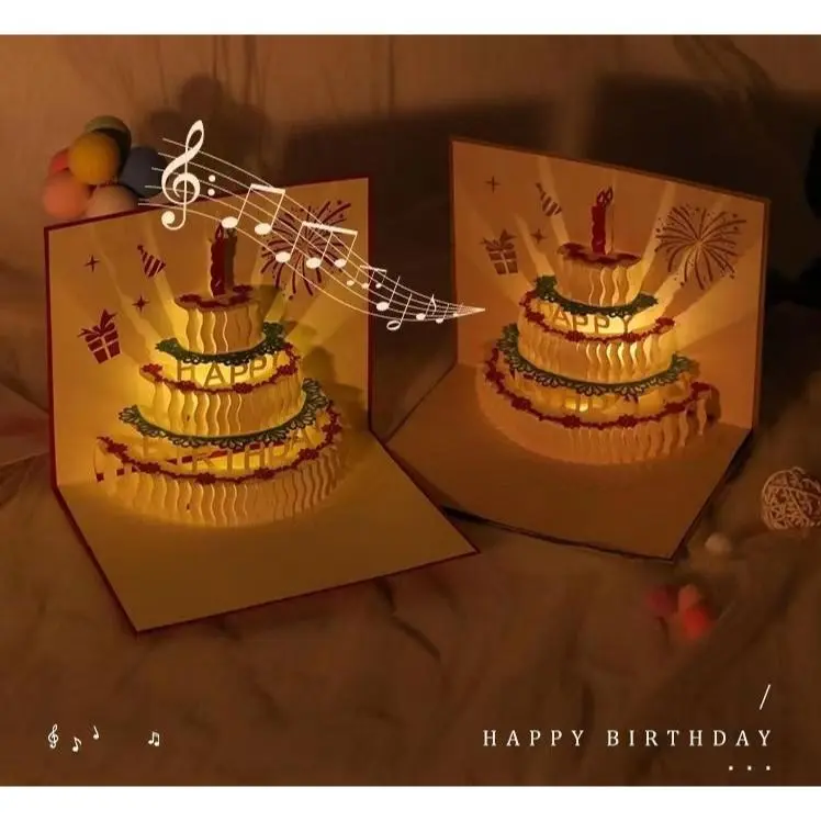 Kartu Ucapan Pop Up 3D Bentuk Kue Ulang Tahun Dengan Lampu + Musik Cards 0