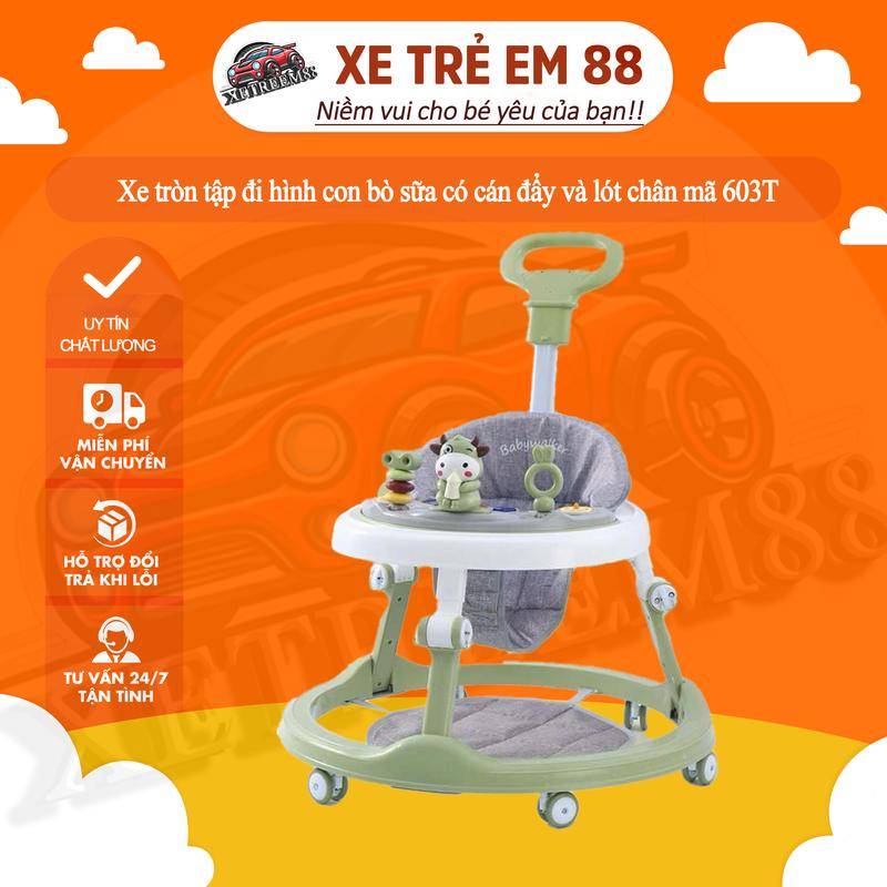 Xe tròn tập đi hình con bò sữa có cán đẩy và lót chân mã 603T Cho Bé ghế  lắc lư xetậpđi