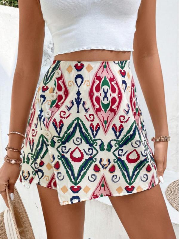 Women's Ethnic Pattern Button Split Thigh Wrap Skorts, Boho Casual Shorts for Everyday Beach Vacation Holiday, Ladies Summer Bottoms, Womenswear 0