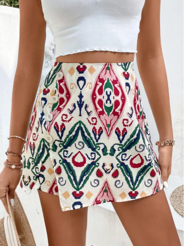 Women's Ethnic Pattern Button Split Thigh Wrap Skorts, Boho Casual Fit Shorts for Everyday Beach Vacation Holiday, Ladies Summer Bottoms, Bohemian Womenswear 0