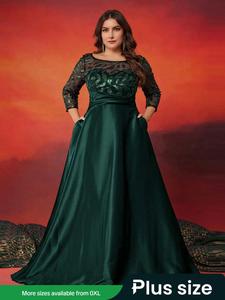 【Plus Size】 Leaf Pattern Sequins Decor Evening Dress, Elegant Fashion Maxi Dress for Prom Party Ball Performance Wear, Curvy Gown, Women's Plus Size Clothing for Spring & Fall, Womenswear