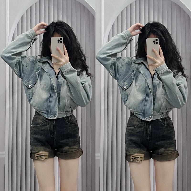 MS100 Áo Khoác Jeans Nữ Croptop Túi Kiểu Khoá Kéo Cúc Bấm Women