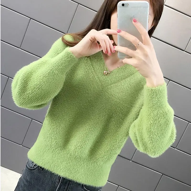 Áo Len Ngắn Lông Chồn Cho Nữ, Áo Chui Đầu Mới, Quần Áo Dệt Kim Dày, Áo Lớp Cơ Bản, Áo Cổ Chữ V Dáng Rộng Vừa Vặn Cho Mùa Thu Và Mùa Đông 4