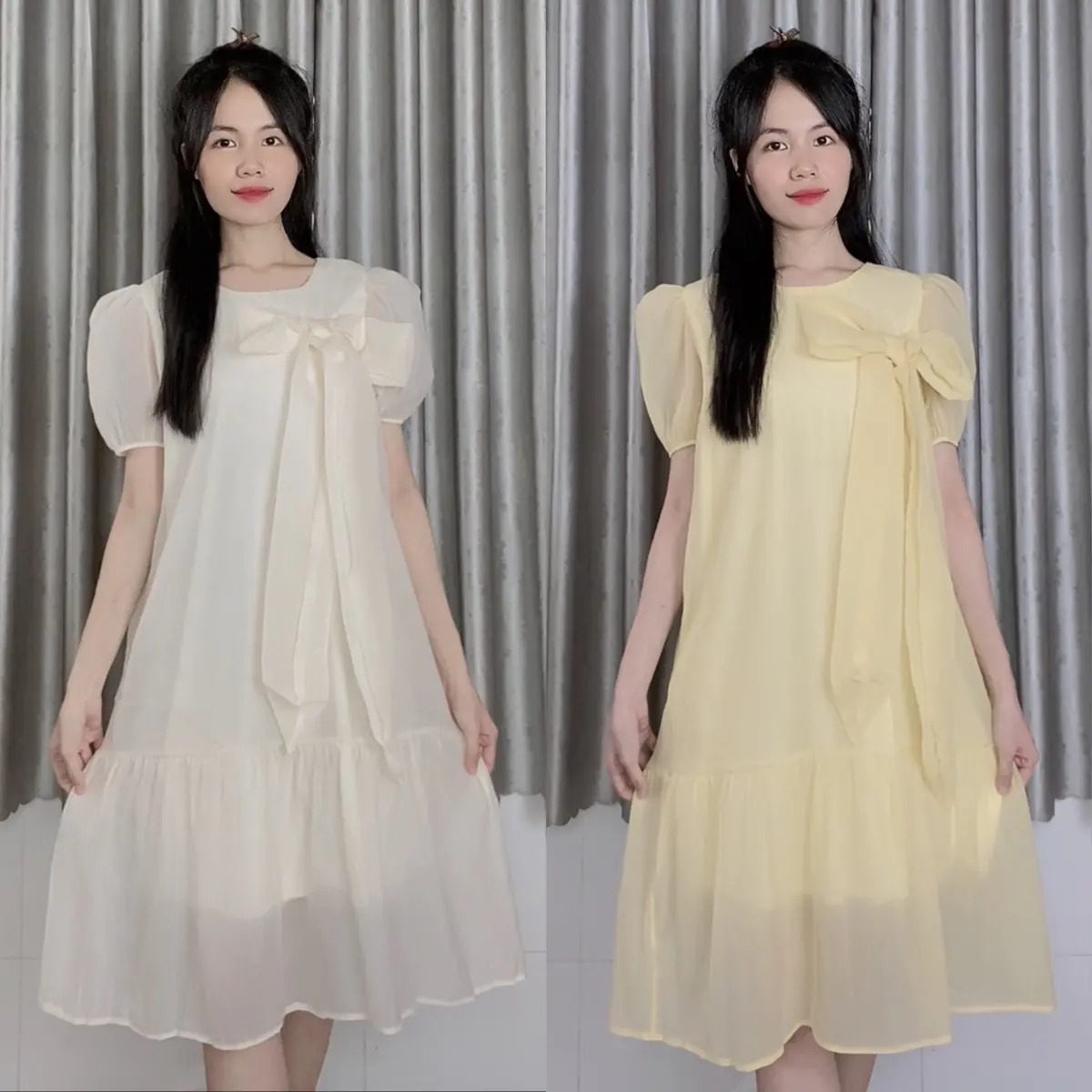[XẢ KHO]- Váy babydoll dáng suông phối nơ tay bồng điệu đà tiểu thư CARA DRESS