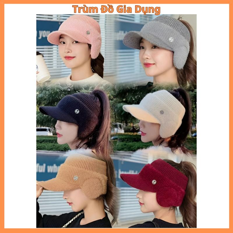 Mũ Len Hở Chóp Nón Lưỡi Trai Nửa Đầu Lông Chữ M Che Tai Giữ Ấm Mùa Đông Form Nữ  Hat Nón