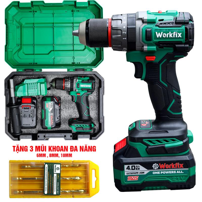 [ Tặng 3 Mũi Khoan Đa Năng ] Máy Khoan 3 Chức Năng 100N.m Workfix - ID13100AK - Đầu Kẹp 13mm Auto Lock - Chống Lật Cổ Tay Anti Kickback  - Brushless Motor - Chân Pin Phổ Thông - 2 Pin 21V/4Ah PLUS - Có Tay Cầm Trợ Lực - Bảo Hành Chính Hãng 6 Tháng