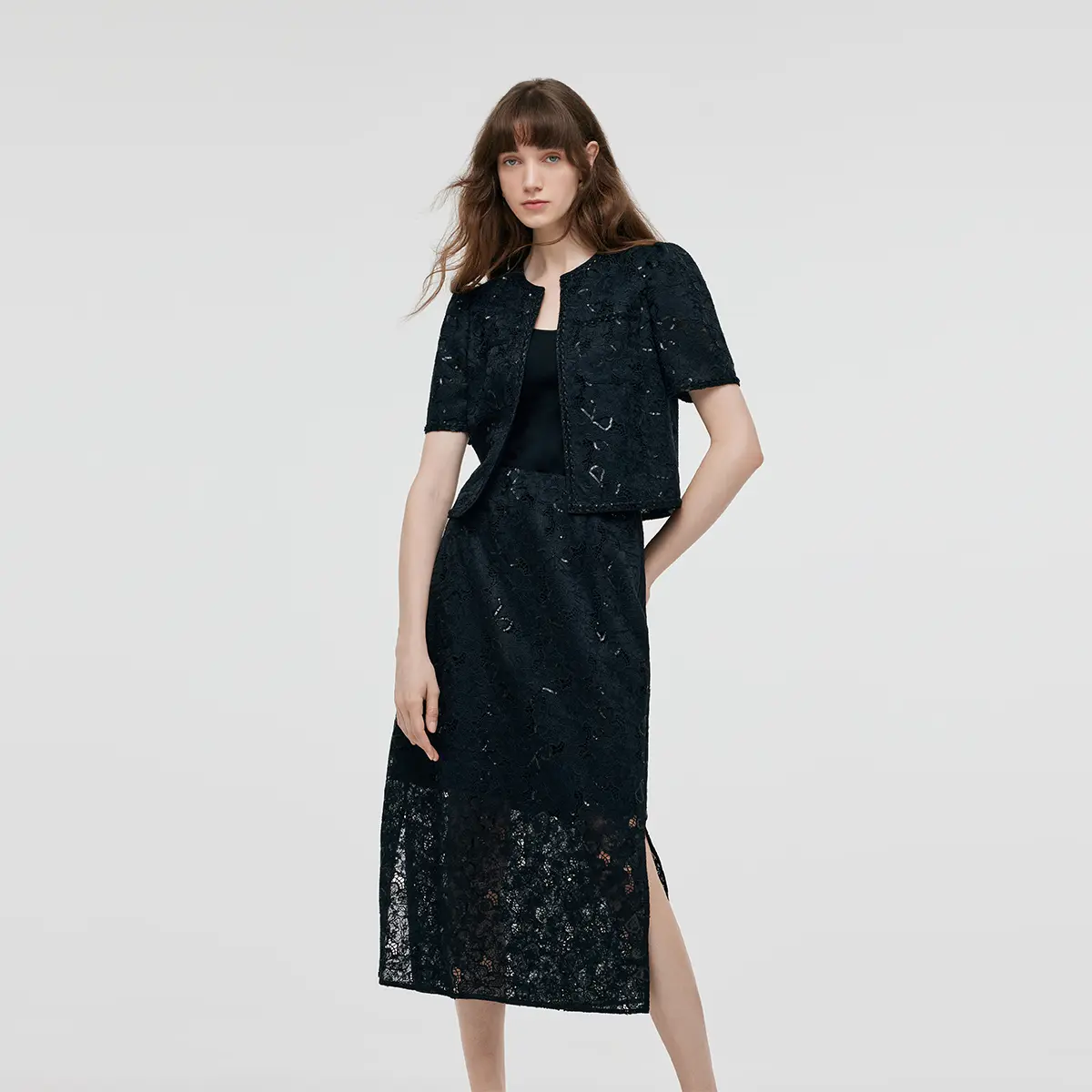 Lace Sequins Crop Jacket And Slit Skirt Two-Piece Set Clothing Fit