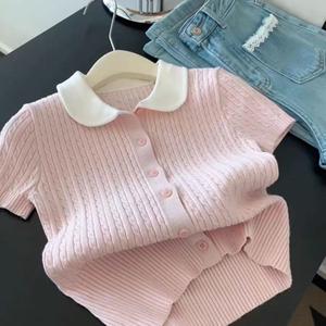 Pink Elegant Polo Collar Knitted Short Sleeve Women's 2025 Summer Sweet Niche Unique Top
