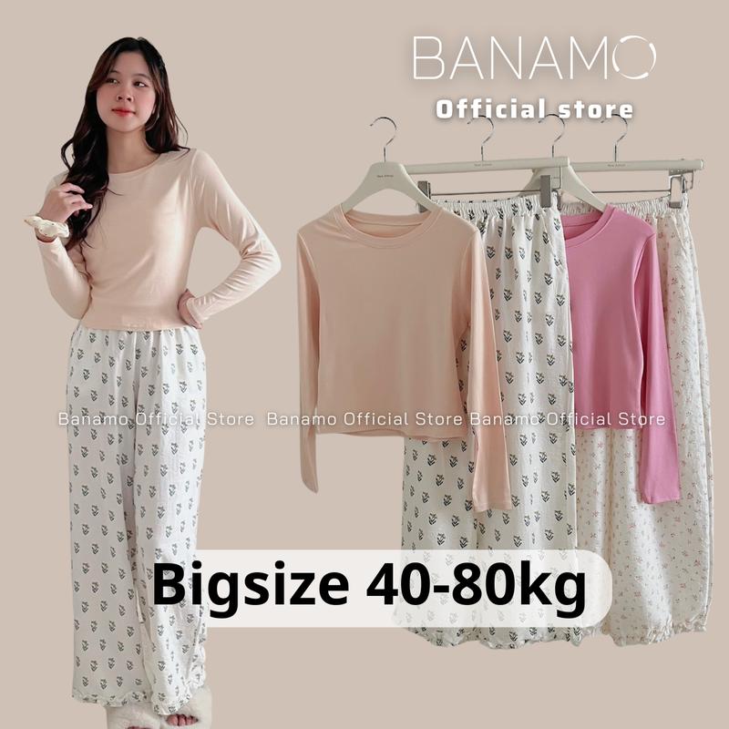  Set dài tay nữ BIGSIZE Banamo Fashion áo dài tay ôm body cổ tròn phối quần hoa viền ren 1202 Women Top 