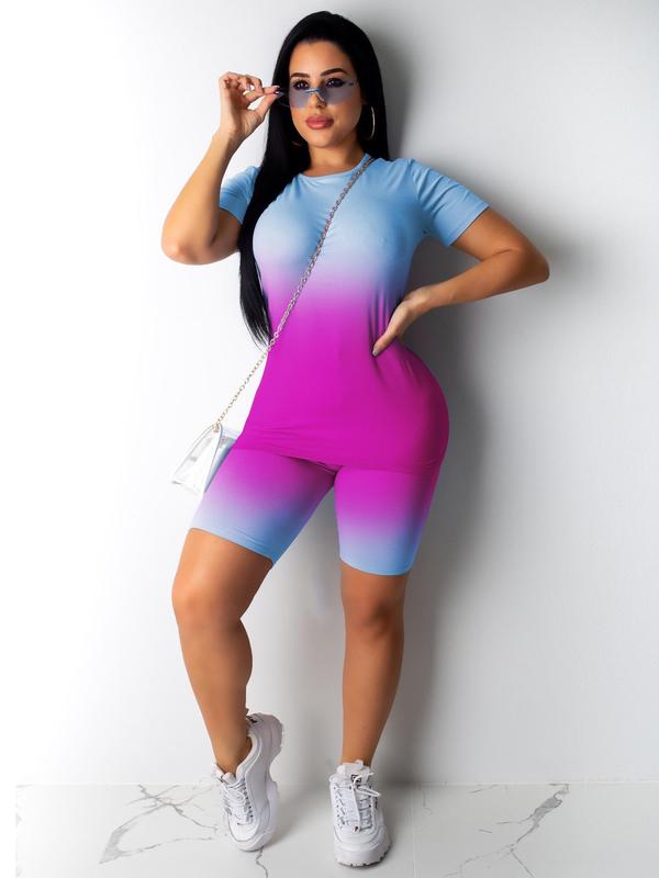 Two-piece Set Women's Baggy  Ombre Print Short Sleeve T-shirt & High Waist Short Leggings Set, Casual Round Neck Tee & Skinny Shorts, Women's Summer Clothes for Daily Wear 1