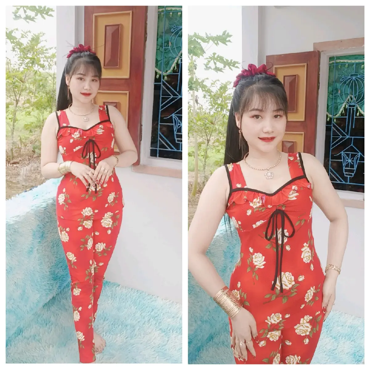 bộ thun ati dây bản cổ bèo rút ngực quần dài ống nhỏ Nữ