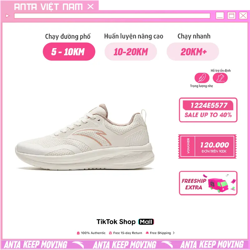 Giày Chạy Bộ, Pickle Ball Nghiệp Dư Nữ ANTA EASY RUN 1224E5577 | Giày Running 5 km Tập Chạy Bộ Siêu Nhẹ ‍,Thoáng Khí, Sneaker Đế Cao Su Đàn Hồi Hạn Chế Trơn Trượt Bảo Hành Chính Hãng ANTA Sport