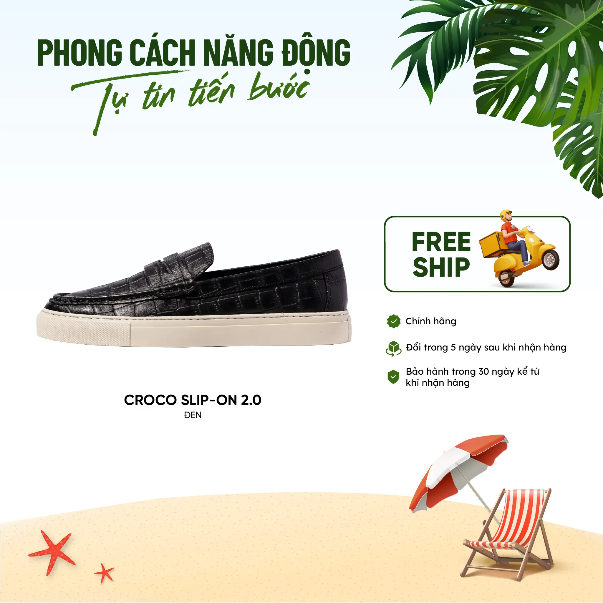 Giày lười nam Bentoni Croco Slip-on 2.0 - màu Đen làm từ da bò sang trọng với đế cao su đúc êm ái